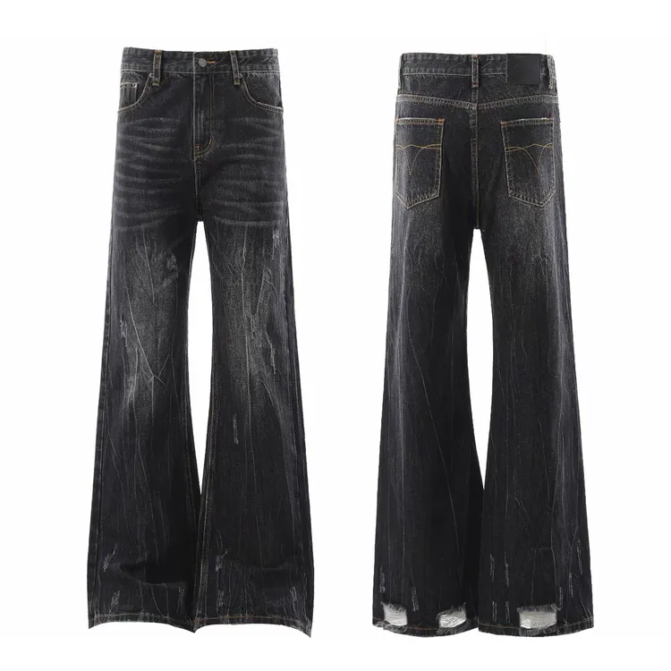 中性美式高街做旧水洗直筒牛仔裤男cleanfit宽松潮流阔腿长裤