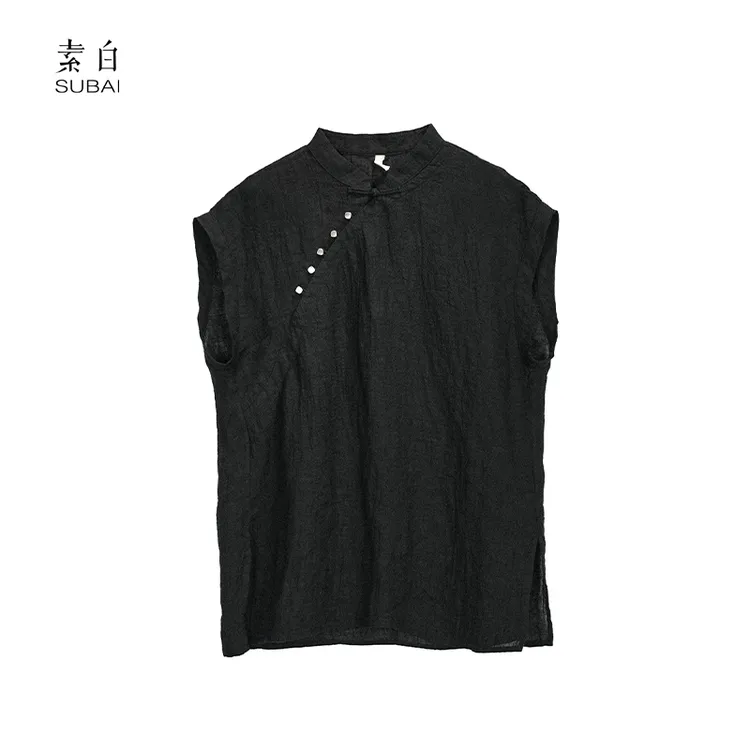 素白【墨影侠】新中式国风亚麻肌理褶皱无袖上衣SB2504CS01456