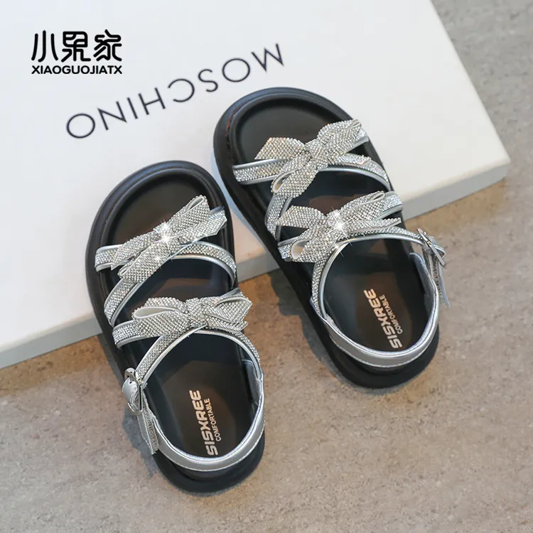 儿童凉鞋女孩女童夏鞋公主鞋夏款2025新款夏季洋气童鞋银色蝴蝶结