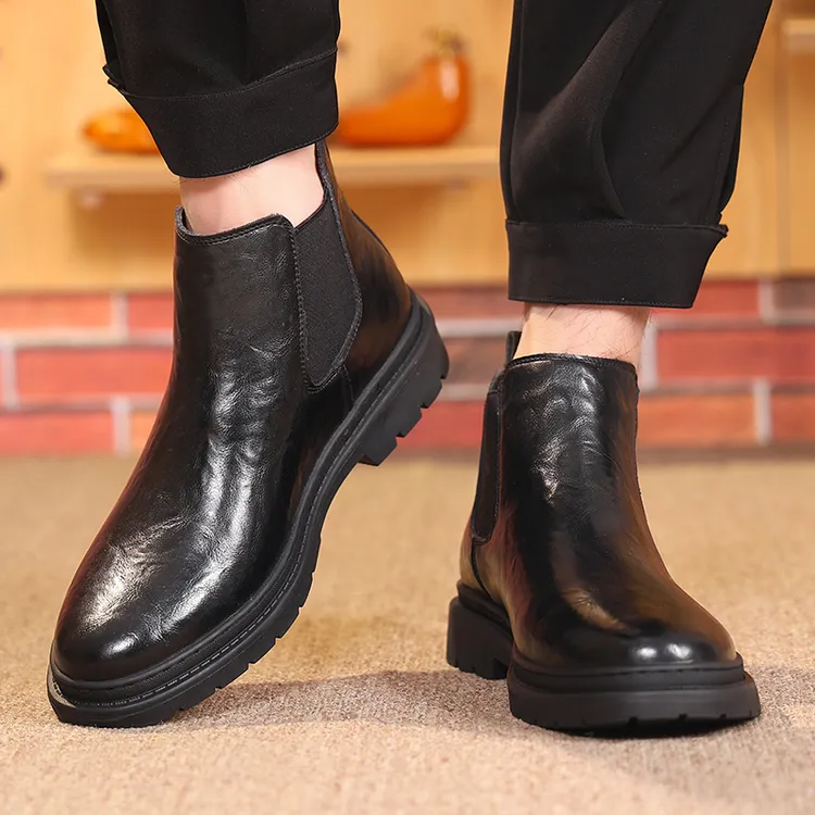 棉皮鞋男冬季加绒加厚羊皮毛一体皮靴真皮短靴马丁靴切尔西靴男款