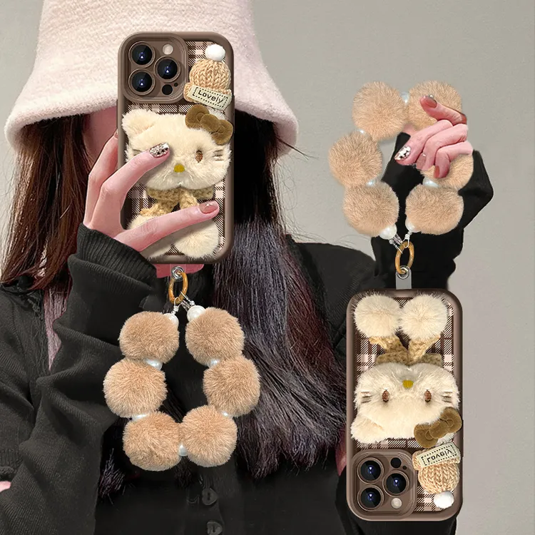 咖色毛绒KT适用苹果17Pro华为OPPO/VIVO小米iPhone16天眼手机壳