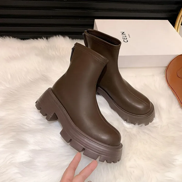 厚底靴子棕色秋冬单靴短筒短靴马丁靴女英伦风2025年新款瘦瘦靴女