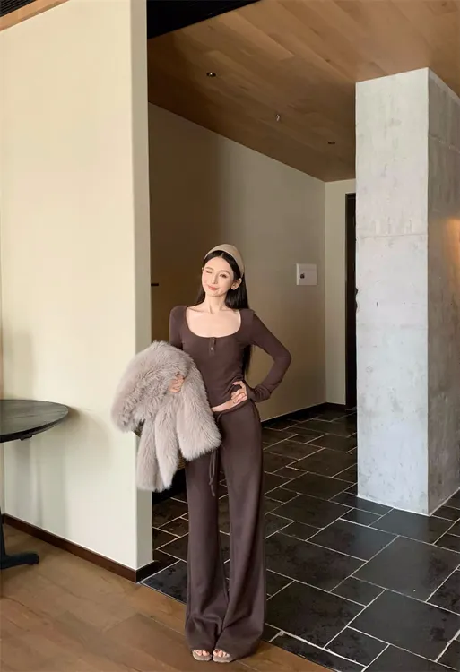 韩系修身休闲套装长袖打底上衣休闲裤两件套#8262秋冬气质裤子