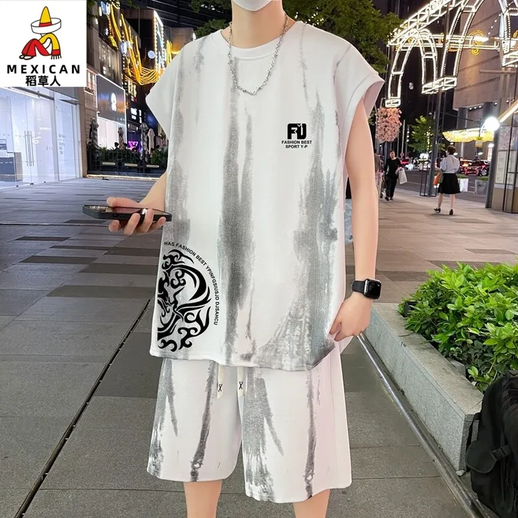 稻草人休闲运动套装男生夏季落肩袖宽松t恤短袖扎染印花背心短裤
