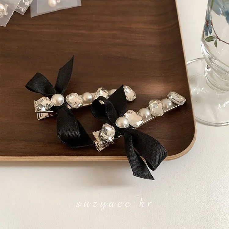 【店铺热销】闪钻珍珠蝴蝶结发夹女刘海夹发饰头饰法式边夹顶夹复古