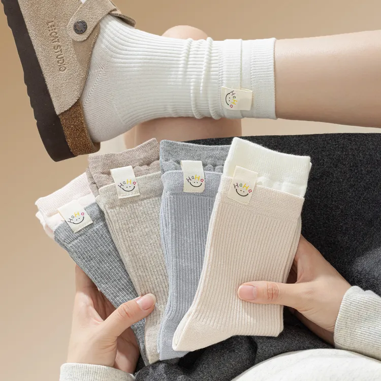 白色无骨袜子女春秋款纯棉中筒袜吸汗防臭灰色长筒袜配小皮鞋勃肯