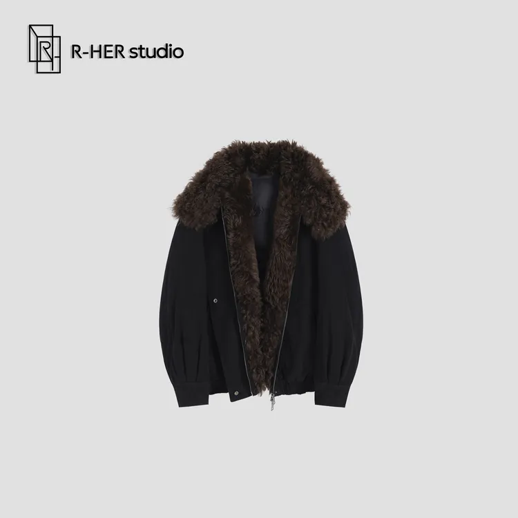 R-HER“黑咖绒领”90白鹅绒时尚休闲羊毛皮百搭保暖加厚派克服P1020