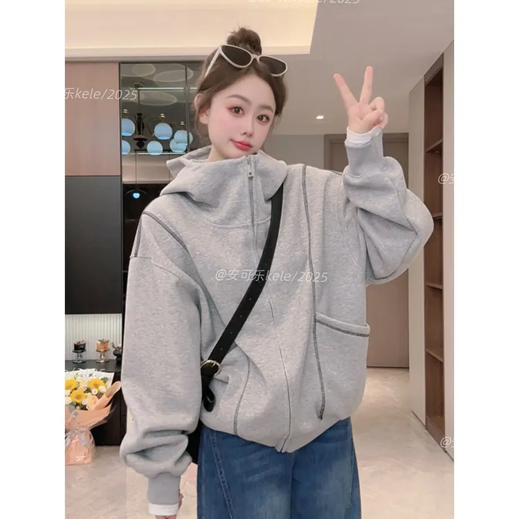 Bo美式高领连帽衣服开衫卫衣女秋季新款拉链卫衣外套大码#C5044