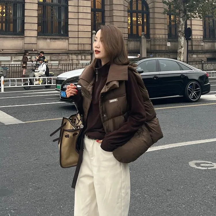 2025新款秋冬韩版针织领棉服马夹宽松外套短款加厚坎肩潮流减龄