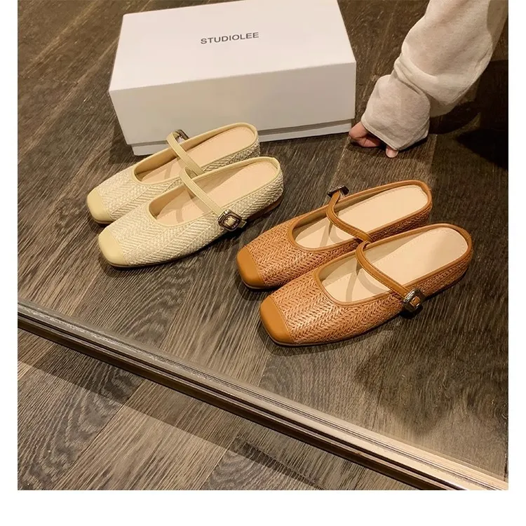 葡萄妈同款 内增高5cm~度假风草编方头凉拖鞋懒人半拖女夏季新款