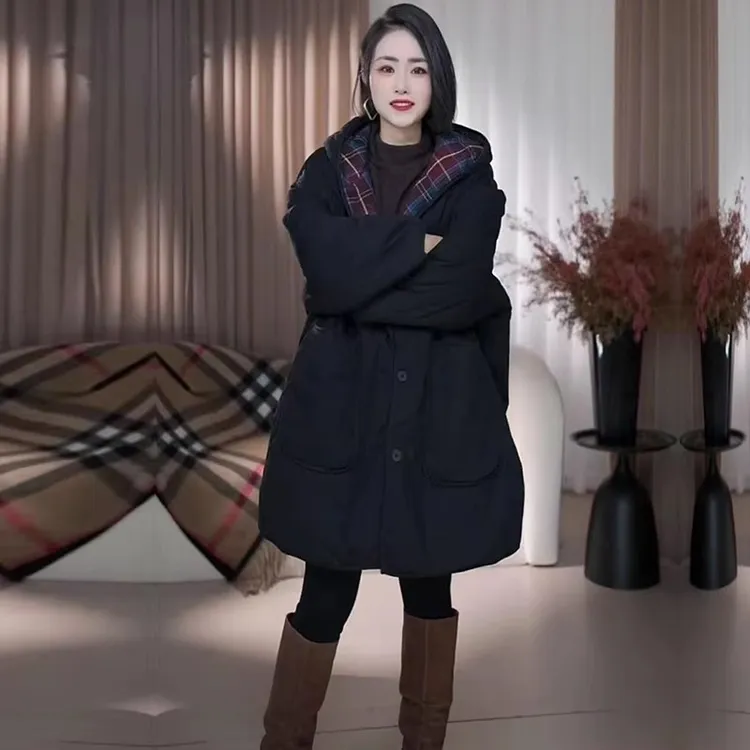 加棉加厚中长款连帽棉衣外套女冬季大码宽松休闲时尚洋气欧货棉袄