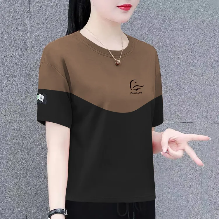 纯棉大码圆领拼接短袖T恤女夏季新款宽松显瘦休闲百搭洋气上衣潮