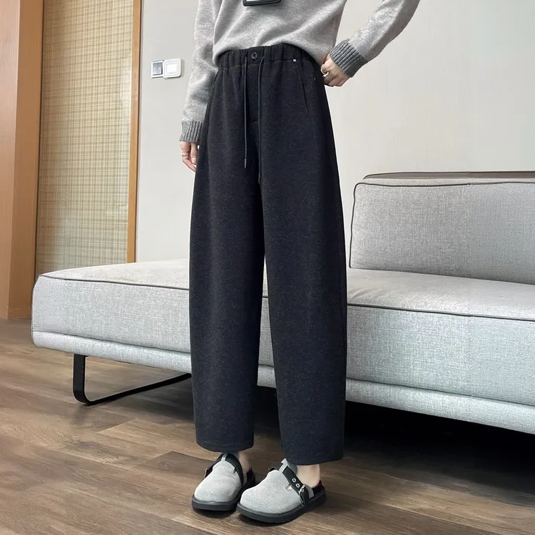 毛呢阔腿裤女秋冬季高腰宽松显瘦九分加绒加厚裤子八分直筒休闲裤