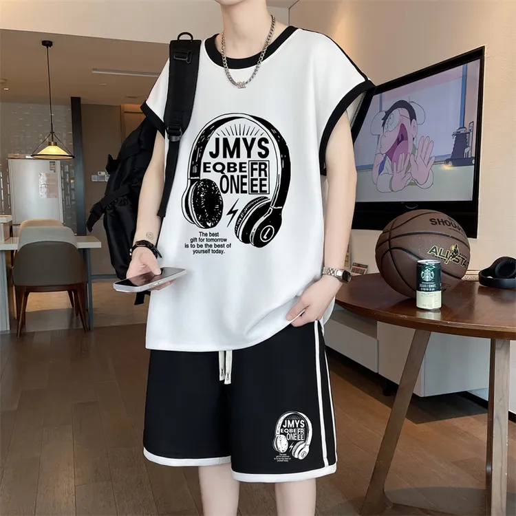 青少年夏季新款美式薄款休闲无袖T恤套装运动宽松男生潮流两件套