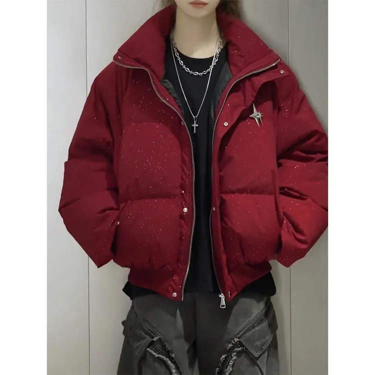 酒红色美式满天星羽绒棉服外套男冬季短款高级感痞帅加厚潮牌棉服