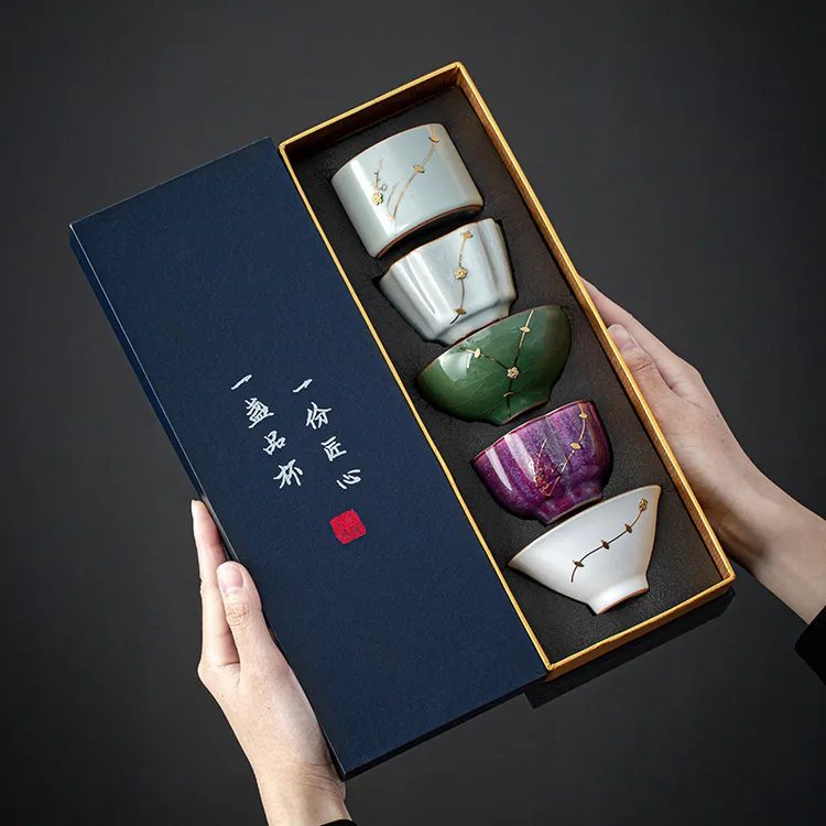 高档五大名窑品茗杯礼盒装家用喝茶主人杯支持定制LOGO轻奢伴手礼