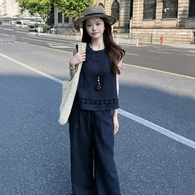 巨好看的夏日套装2025爆款韩系时尚洋气休闲无袖上衣阔腿裤两件套