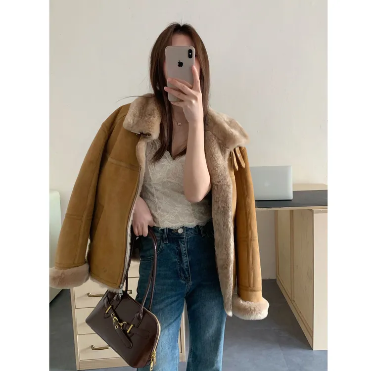 JIAY 韩系慵懒绒面进口芭莎羊皮毛一体女真皮翻领机车服海宁皮草