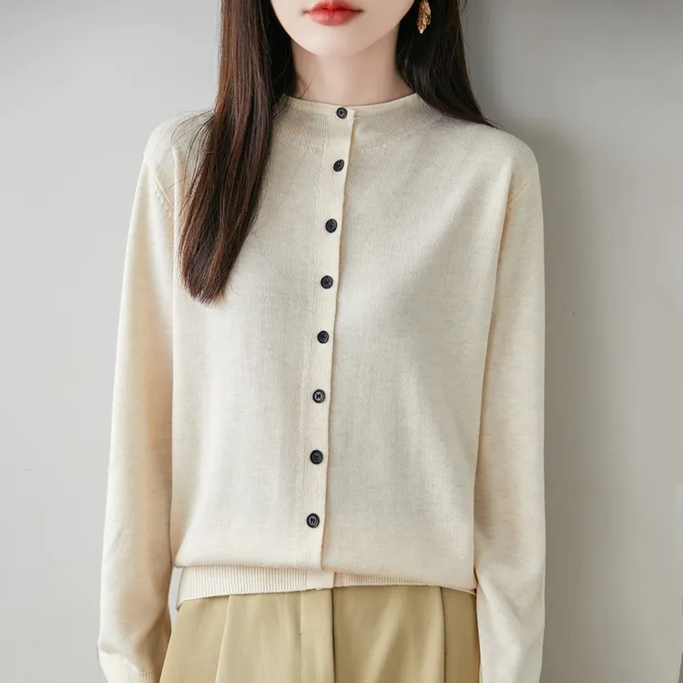 品牌撤柜正品100%纯羊毛衫排扣半高领简约高级薄款开衫针织衫女士