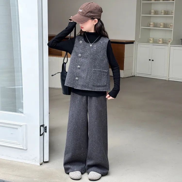 女童小香风套装秋季2025新款女大童韩系超好看马甲三件套早秋衣服