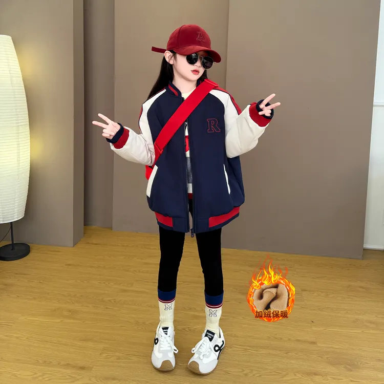 女童2025新款秋冬季时尚宽松韩版绗棉棉衣外套棒球服铅笔裤套装潮