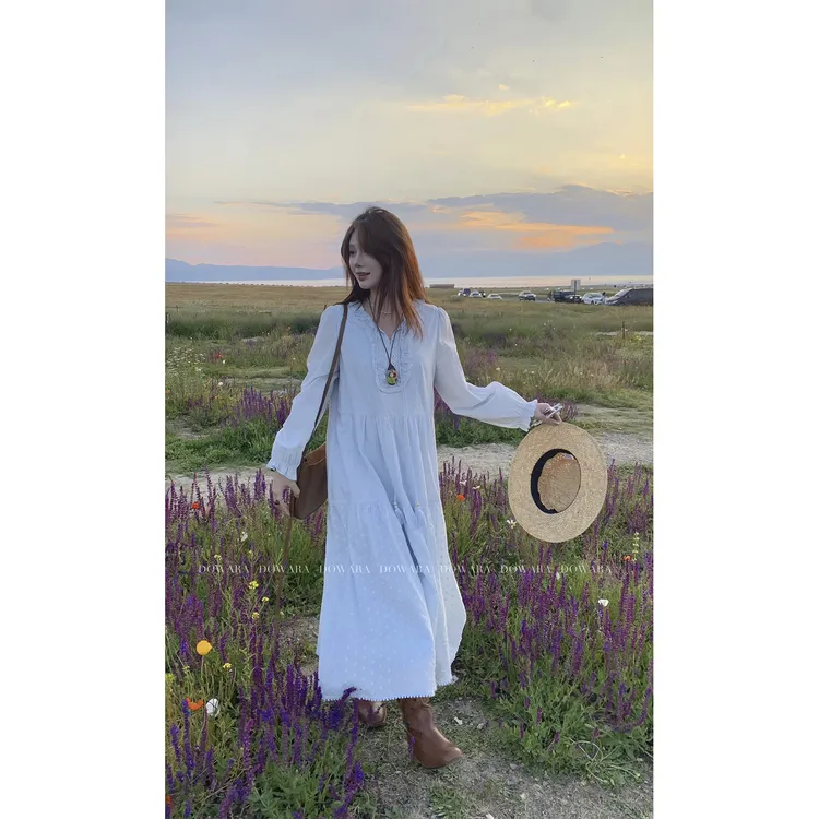 现货9778D大婉酱微胖定制法式木耳花边领连衣裙早秋显瘦甜美长裙