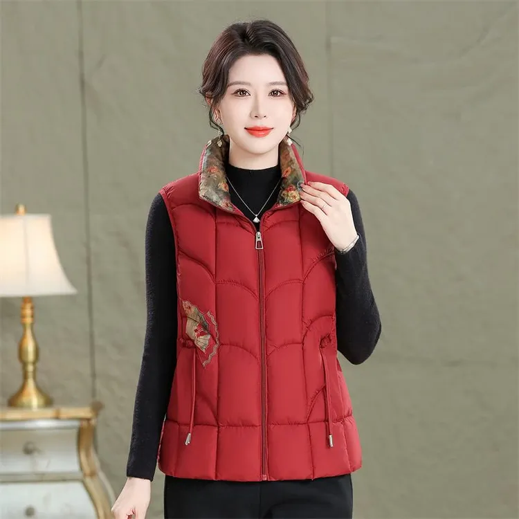 女士刺绣马甲2025夹棉加厚马甲冬季国风妈妈装中老年保暖04042