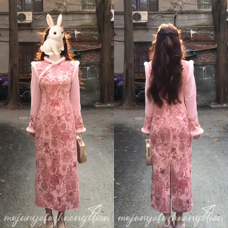 新中式连衣裙2025冬假两件国风粉色旗袍裙