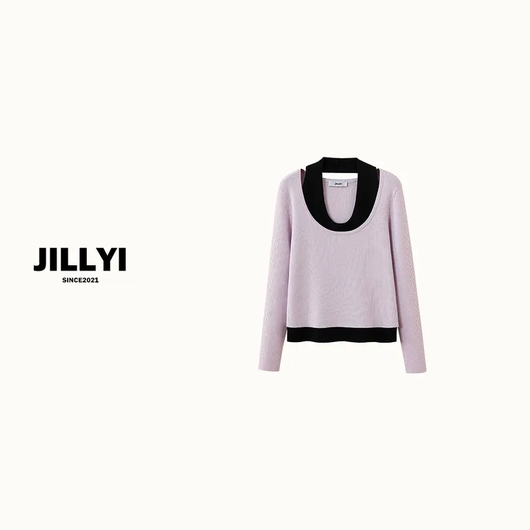 jillyi【粉墨甜心】紫罗兰拼接黑色内搭辣妹风时尚百搭针织衫