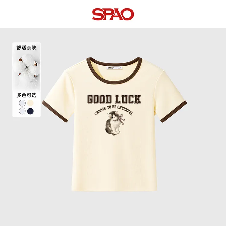 SPAO韩国同款2025年夏季新品女士撞色休闲小猫印花圆领修身T恤YC
