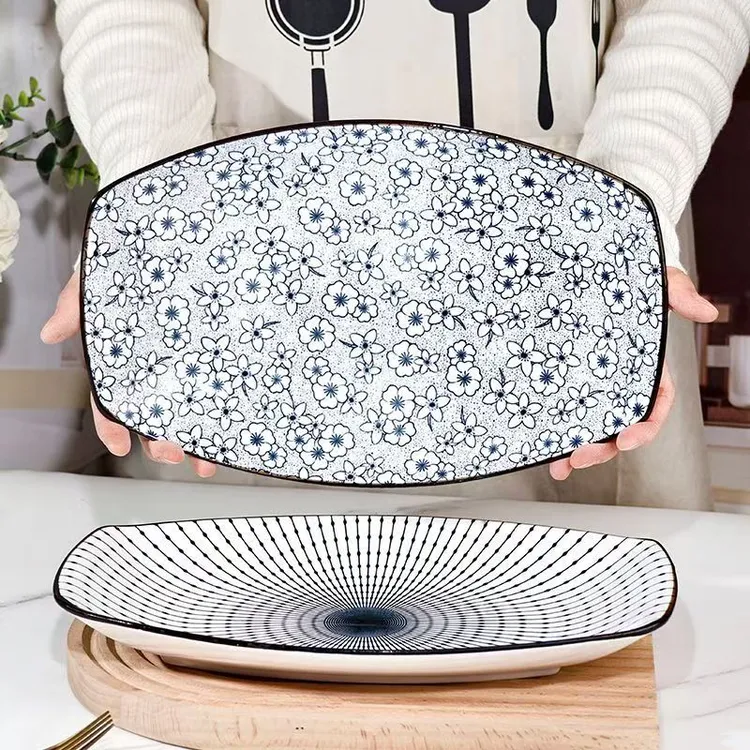 中式印花13英寸鱼盘2个装家用新款简约陶瓷釉下彩大号菜盘子