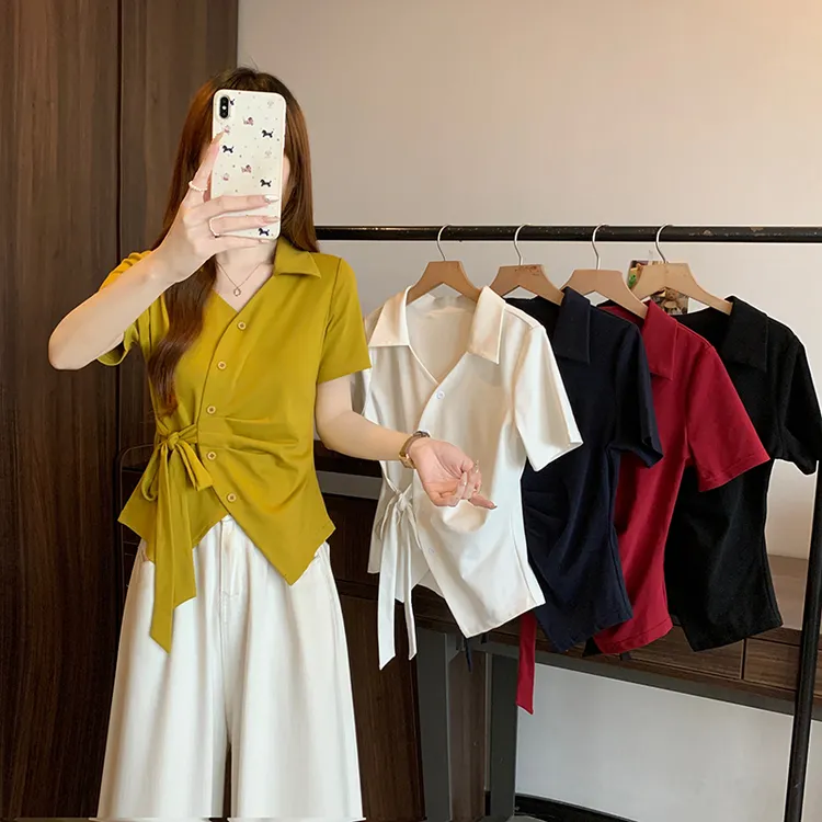 2025夏装新款胖mm大码女洋气别致不规则收腰绑带短袖T恤35628