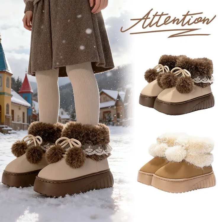 猫力毛毛小球雪地靴女冬季时尚百搭增高厚底加绒保暖舒适韩版棉鞋