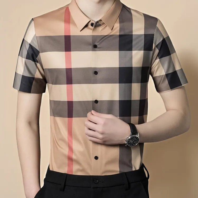 【专柜正品】欧洲高端短袖格子衬衫男装英伦男士新款商务抗皱衬衣潮