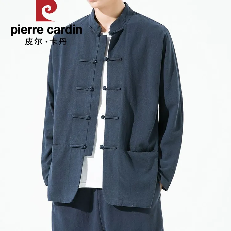 皮尔卡丹春秋棉麻复古休闲唐装外套男士对襟盘扣茶服上衣中国风纯