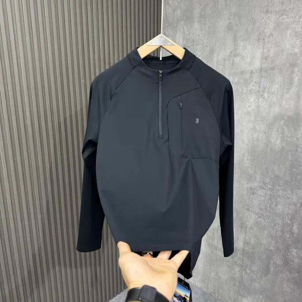 秋冬男士新款户外休闲长袖拉链运动落肩袖T恤纯色修身型厚款