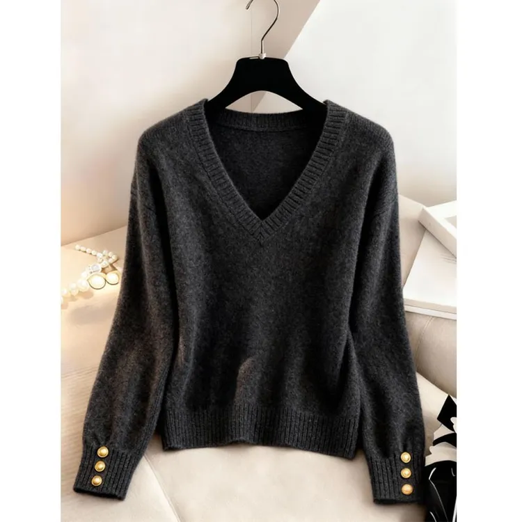 小香风纯色针织上衣女2025春秋季新款韩版慵懒高级感套头V领毛衣