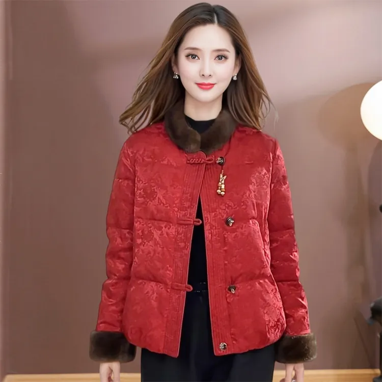 国风提花拼接立领保暖棉服中式棉袄秋冬妈妈装夹棉外套