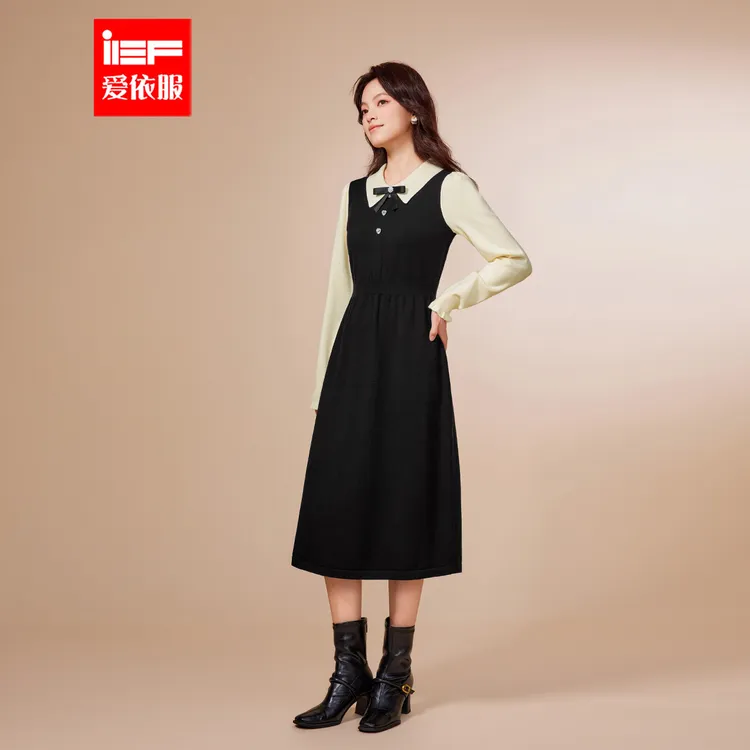 IEF/爱依服连衣裙2025秋冬新款法式赫本风气质感显瘦毛织连衣长裙