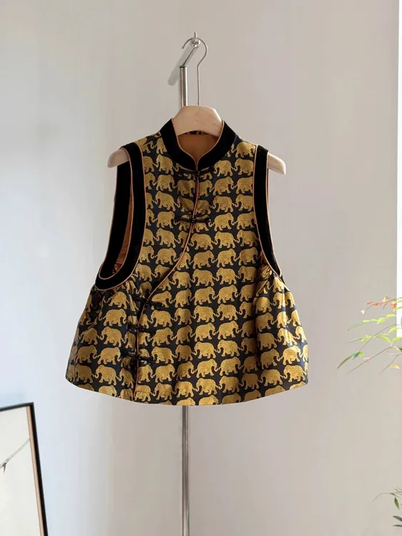 ZS6001新年款金色大象气质百搭坎肩新中式国风复古提花叠穿马甲