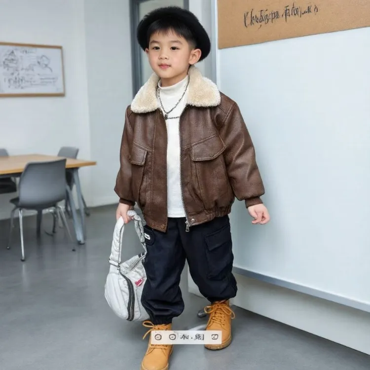 男童加绒皮衣外套2025新款帅气时髦宝宝秋冬加厚上衣儿童机车夹克