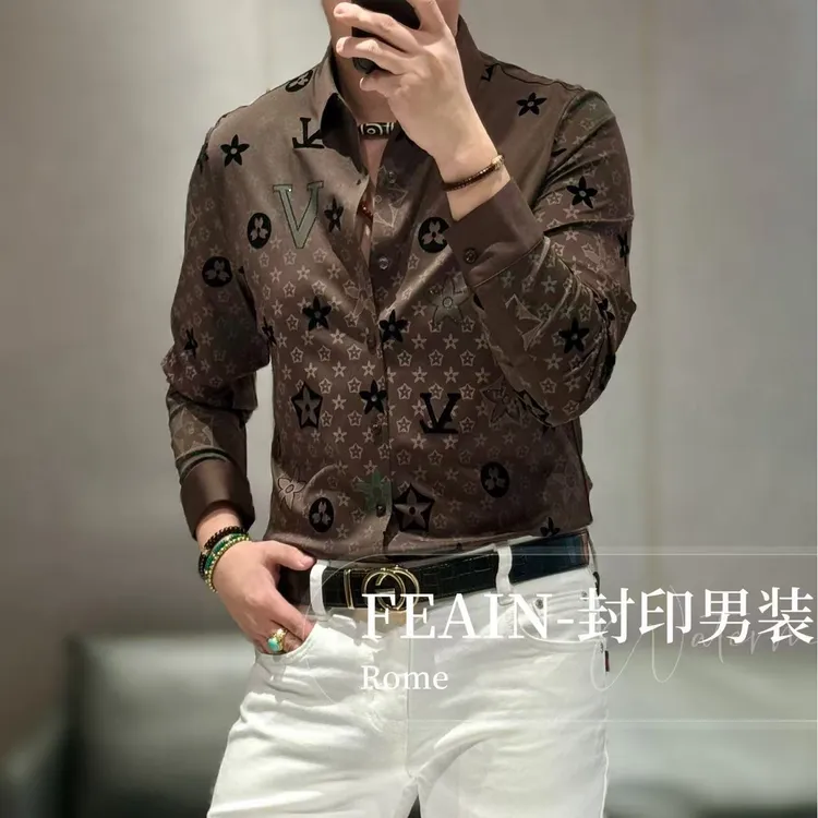 高端男士立体激光雕花植绒奥钻点缀长袖衬衫7609