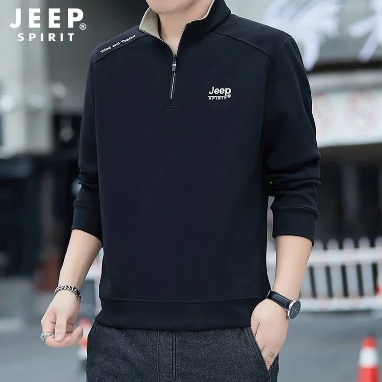 JEEP吉普立领卫衣男士秋冬新款宽松大码透气刺绣LOGO纯色上衣外套