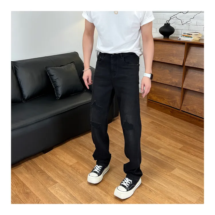 【张茂studio】早秋新款黑色假破洞弹力小直筒显高显瘦男士牛仔裤子