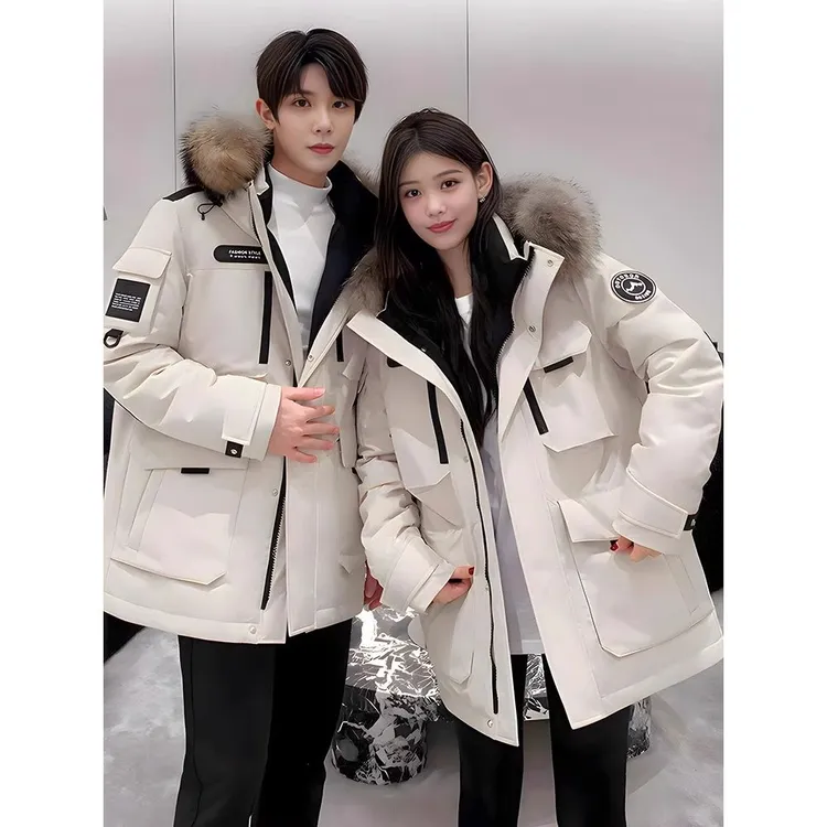 UYH情侣羽绒服男女中长款冬季新款大毛领户外加厚工装极寒派克服