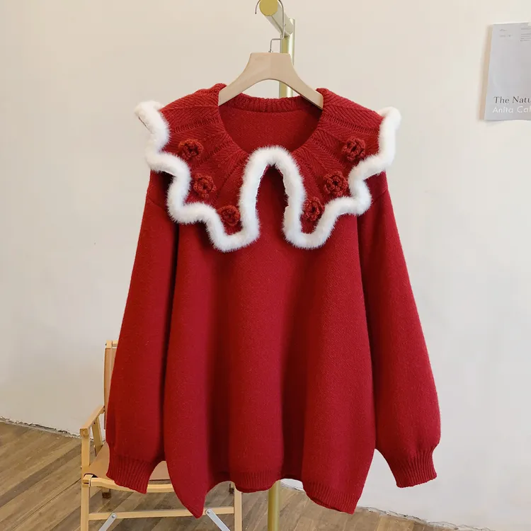 玫瑰颂C5466立体钩花毛条娃娃领针织毛衣