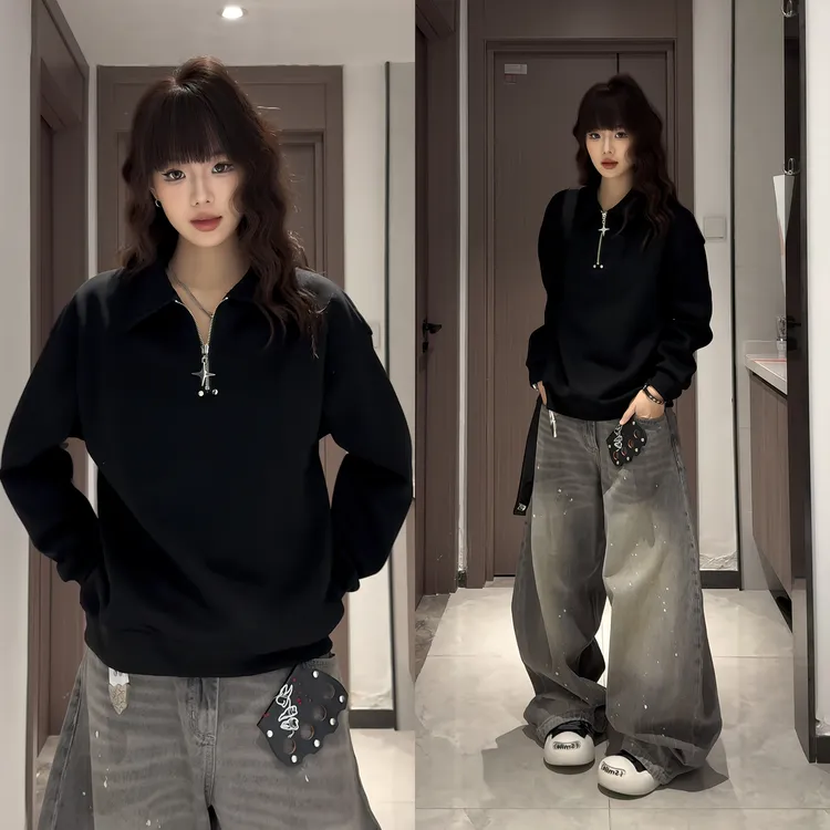 无帽翻领卫衣男冬季加绒加厚长袖polo衫内搭打底保暖大码美式潮牌