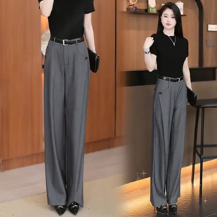 醋酸羊毛弯刀阔腿裤女2025秋季新款高腰宽松直筒百搭休闲西装长裤