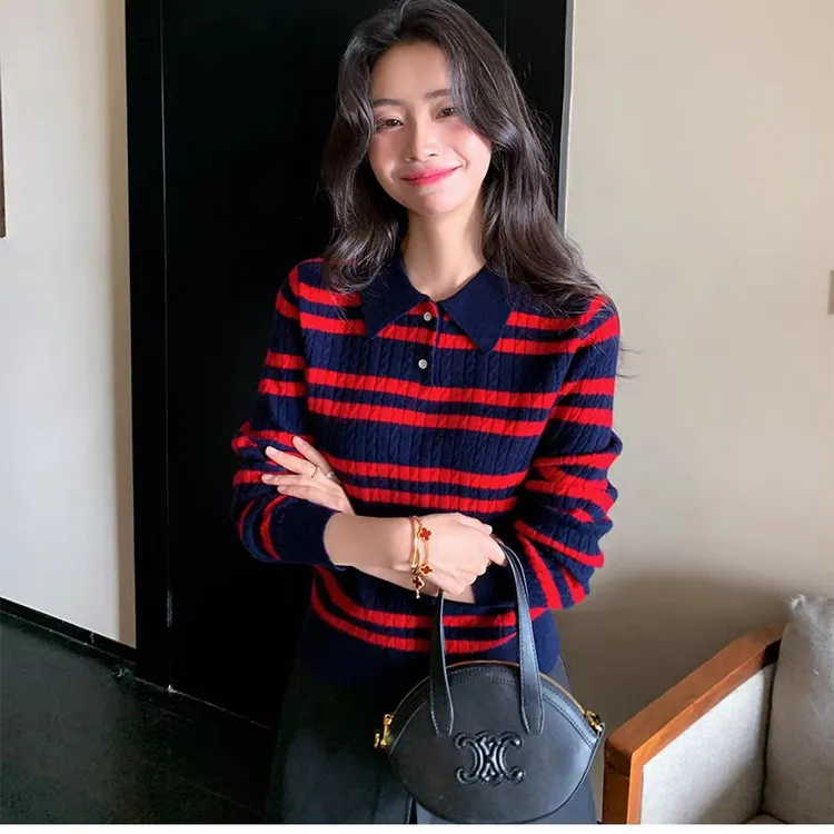 条纹拼色羊绒时尚秋冬季新款气质设计长袖小翻领设计羊毛针织衫女