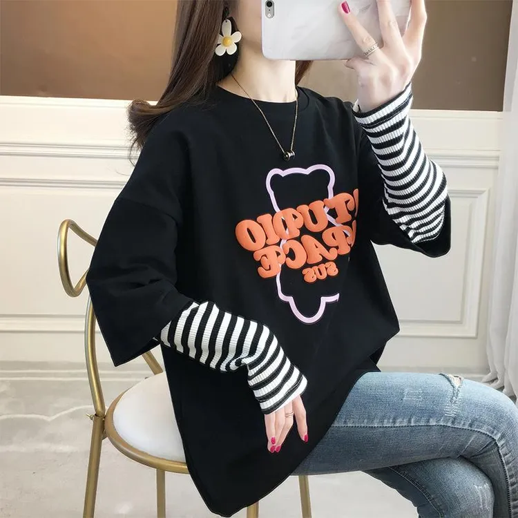 早秋女装长袖恤春秋韩式宽松中长百搭假两件套新潮服装